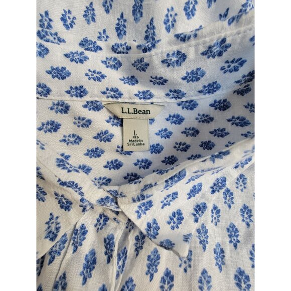 L.L.Bean Womens White Blue Floral 100% Linen Button-Up Long Sleeve Shirt Large - Picture 3 of 8